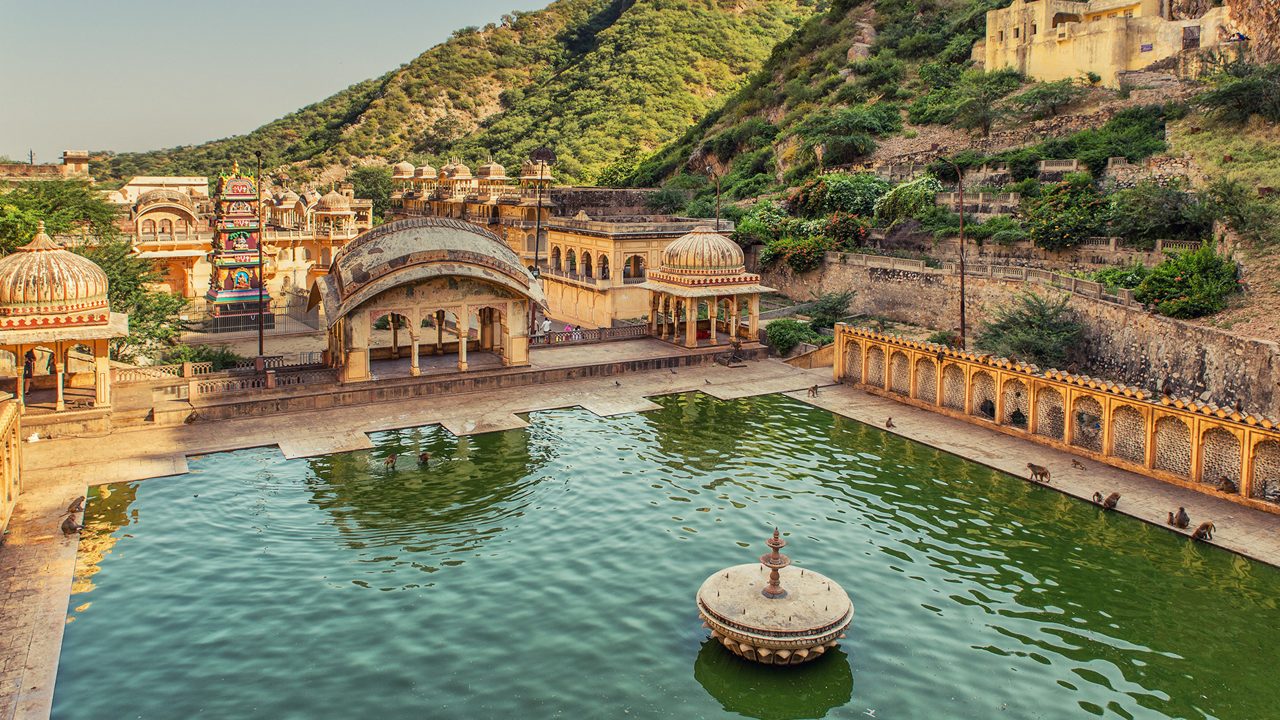 Galtaji Temple Jaipur featuring sacred springs, ancient temples, scenic hills, and remarkable Rajput architectural beauty together.