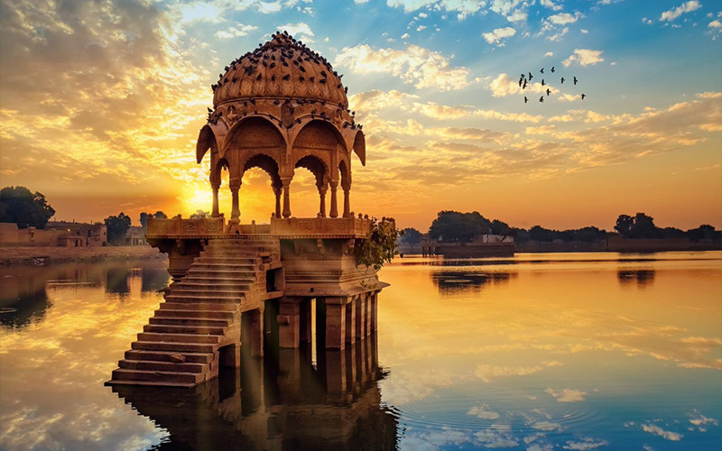 Beautiful sunset view of Gadisar Lake pavilion in Jaisalmer Rajasthan.