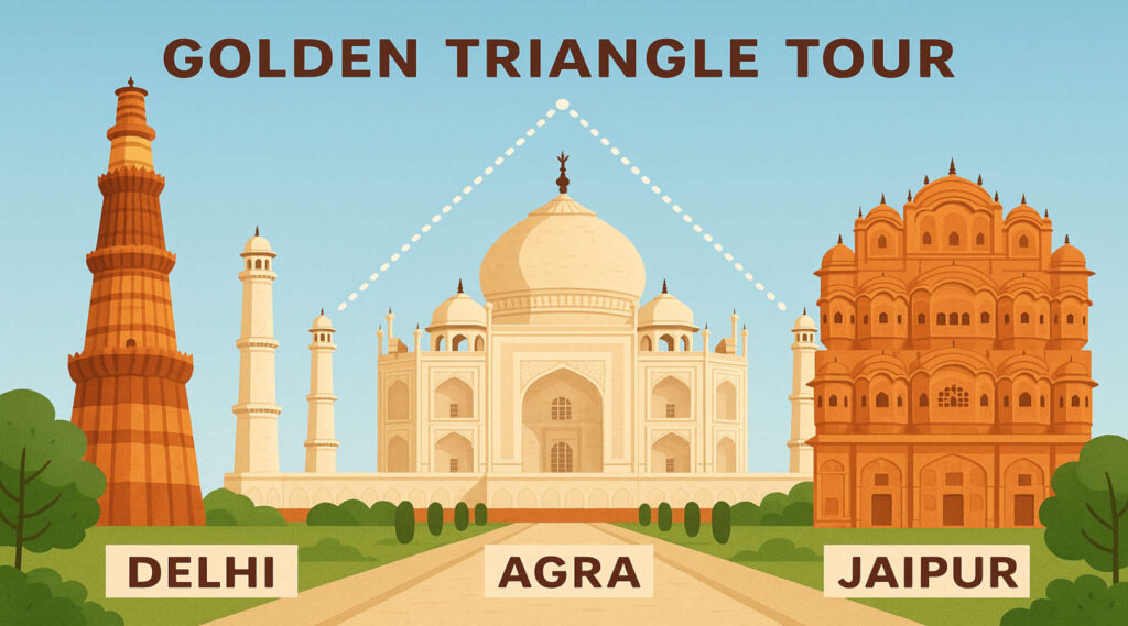 Golden Triangle Tour India covering Delhi Agra and Jaipur with Taj Mahal Qutub Minar and Hawa Mahal illustration