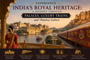 Luxury travel scene showcasing India’s royal heritage with palaces, a luxury train, lakeside view, and traditional cultural elements at sunset