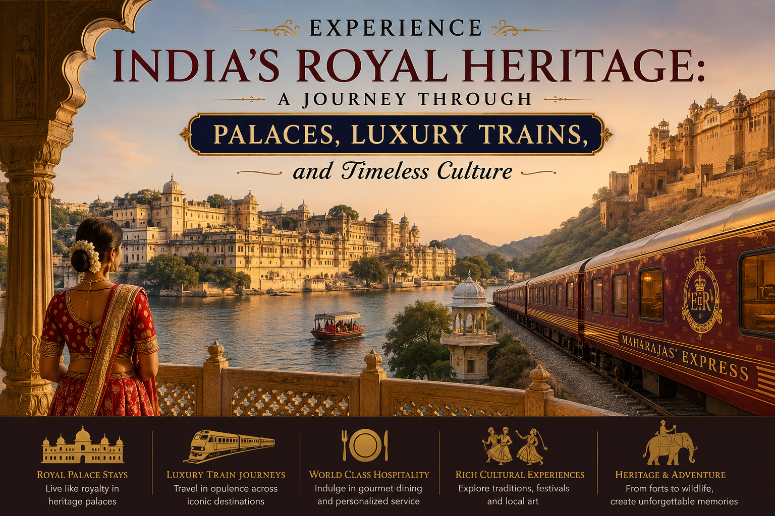 Luxury travel scene showcasing India’s royal heritage with palaces, a luxury train, lakeside view, and traditional cultural elements at sunset