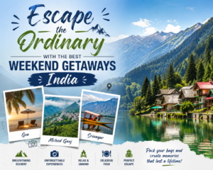 Scenic travel poster featuring India's best weekend getaway destinations with mountains, beaches, lakes, and hill stations.