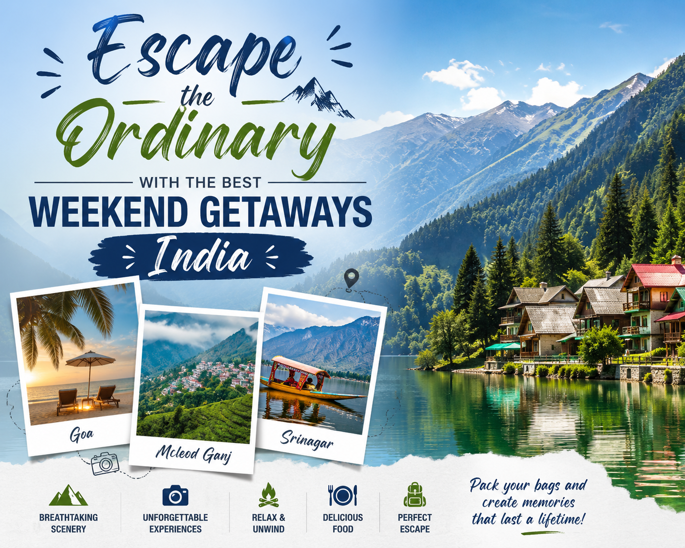Scenic travel poster featuring India's best weekend getaway destinations with mountains, beaches, lakes, and hill stations.