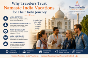 Happy travelers with guide at Taj Mahal tour in India