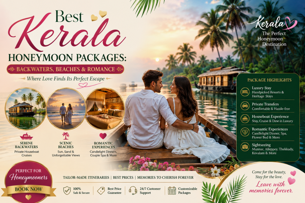 Kerala honeymoon packages with backwaters, beaches and romantic houseboat experience.