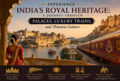 Luxury travel scene showcasing India’s royal heritage with palaces, a luxury train, lakeside view, and traditional cultural elements at sunset