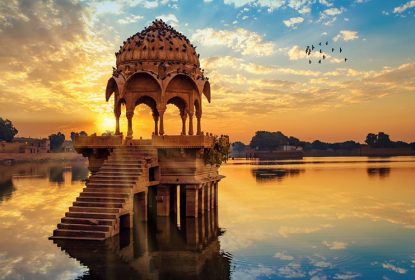 Beautiful sunset view of Gadisar Lake pavilion in Jaisalmer Rajasthan.