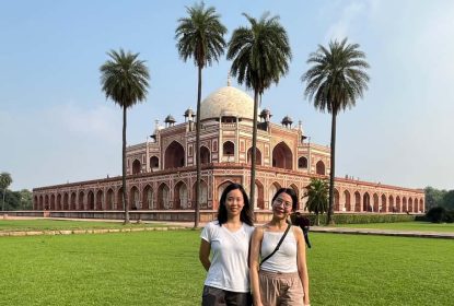 Tourists posing at Humayun's Tomb in Delhi