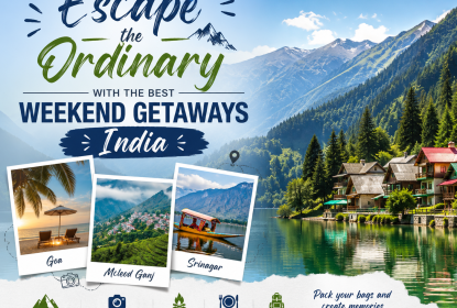 Scenic travel poster featuring India's best weekend getaway destinations with mountains, beaches, lakes, and hill stations.