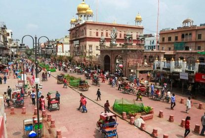 Busy Chandni chowk street, Old dehli market scene.
