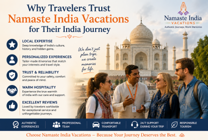 Happy travelers with guide at Taj Mahal tour in India