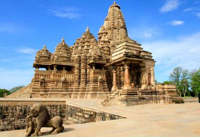 Kandariya Mahadeva Temple in Khajuraho with intricate stone carvings and Nagara-style architecture