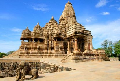 Kandariya Mahadeva Temple in Khajuraho with intricate stone carvings and Nagara-style architecture