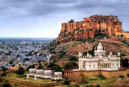 Mehrangarh Fort and Jaswant Thada overlooking Blue City in Jodhpur Rajasthan India