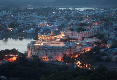City palace Udaipur aerial night view Lake Pichola rajasthan India
