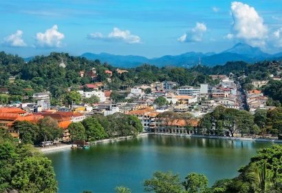 Kandy city Sri Lanka with lake and green hills landscape view